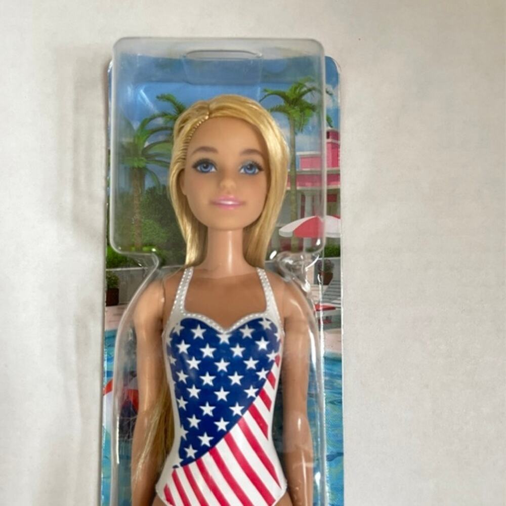 Barbie Beach Swimsuit Doll NIP Patriotic Stars Stripes Summer Mattel Toy - Picture 1 of 5